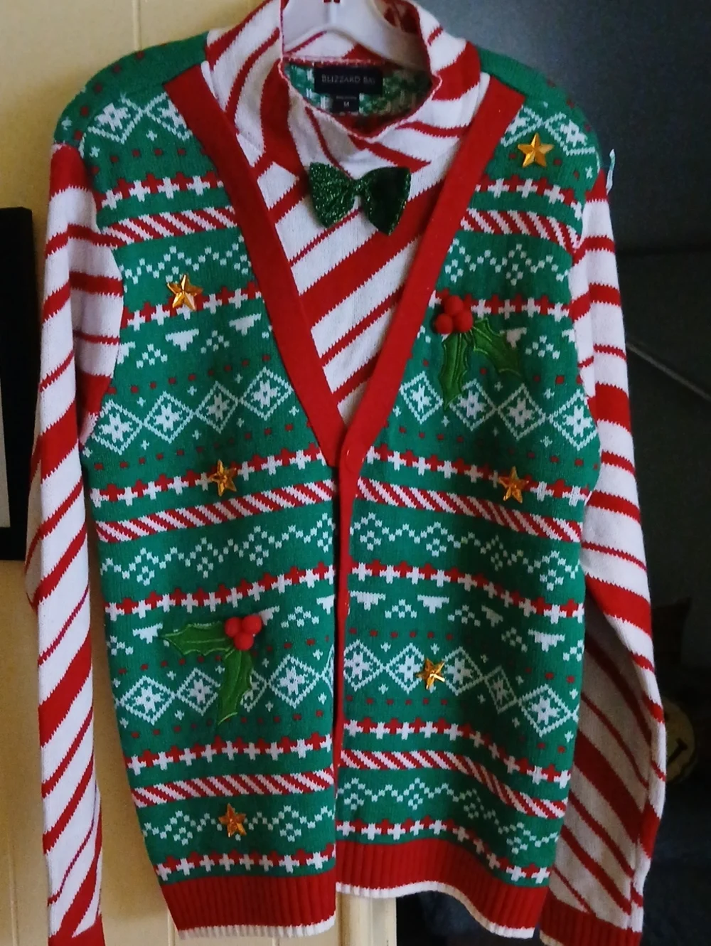 Holiday Green & Red Men's Cardigan Sweater with Bow-Tie Detail